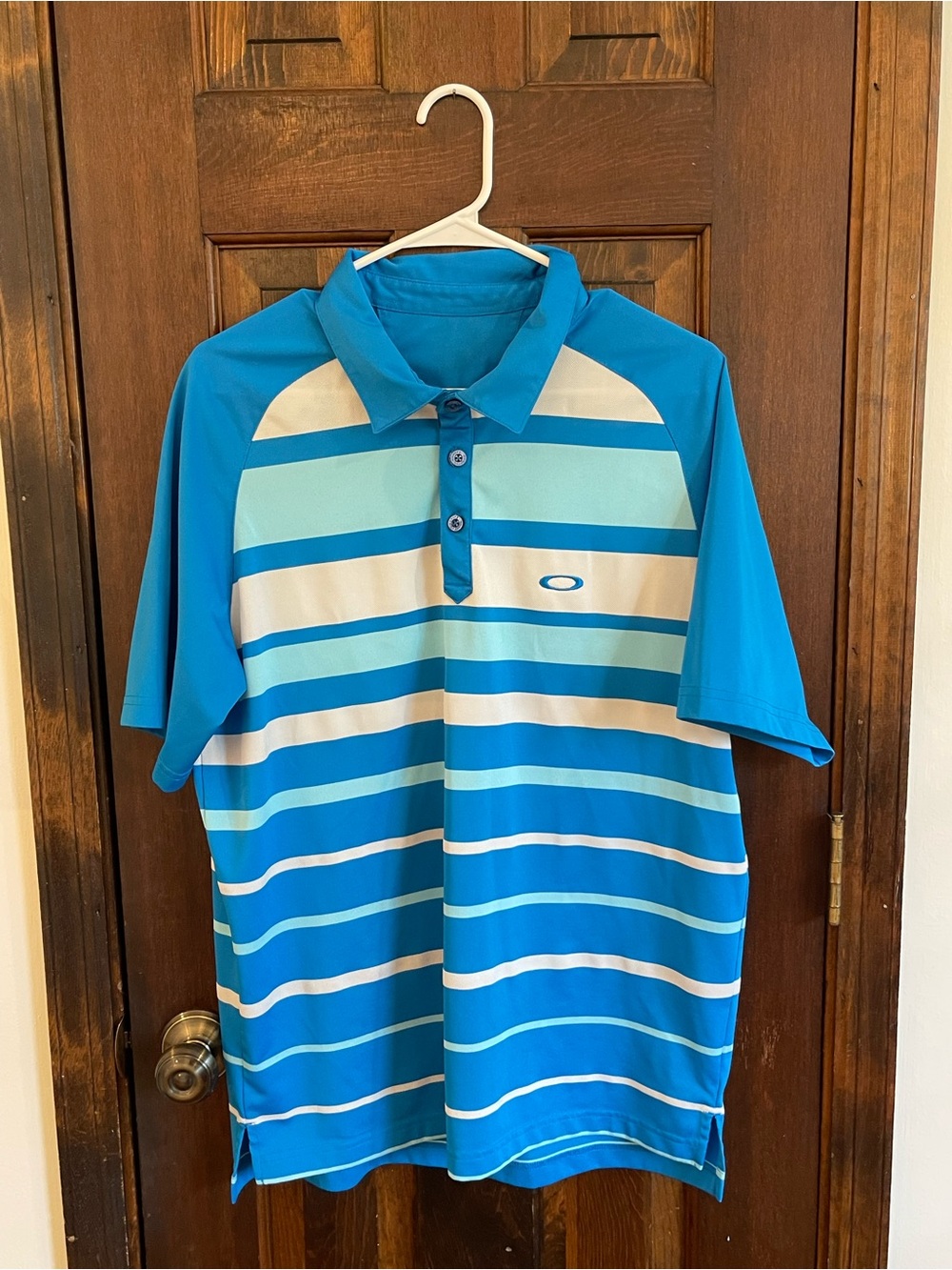 Oakley Men’s Hydrolix Golf Polo Blue White Striped Performance Shirt XL